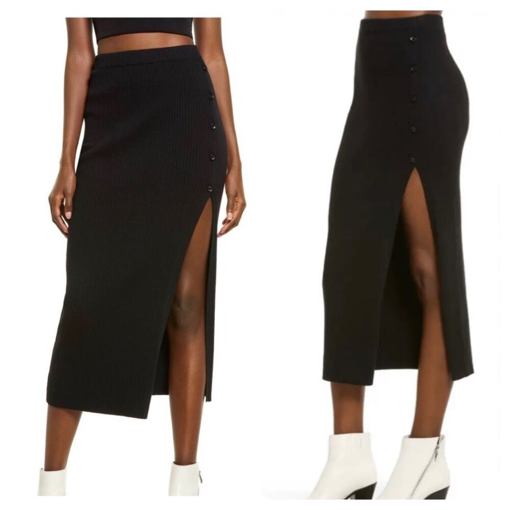 NWT Open Edit Black Ribbed Stretch Side Button Slit Knit Sweater Midi Skirt 2X